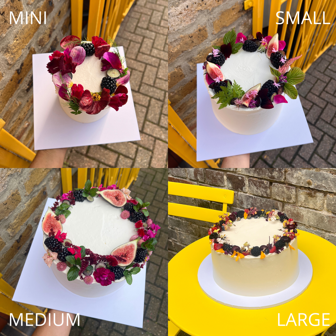 Chocolate Guinness cake size guide: mini, small, medium and large, decorated with figs, blackberries and edible flowers
